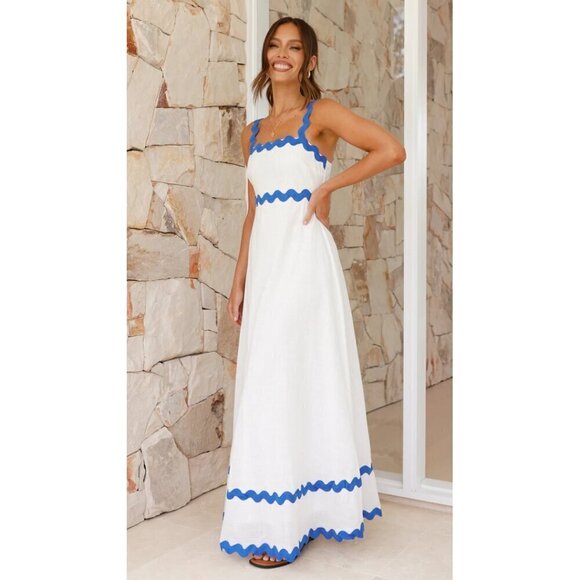 PETAL & PUP Nancy Rickrack Maxi Dress in White/Blue Size Medium - Picture 2 of 13